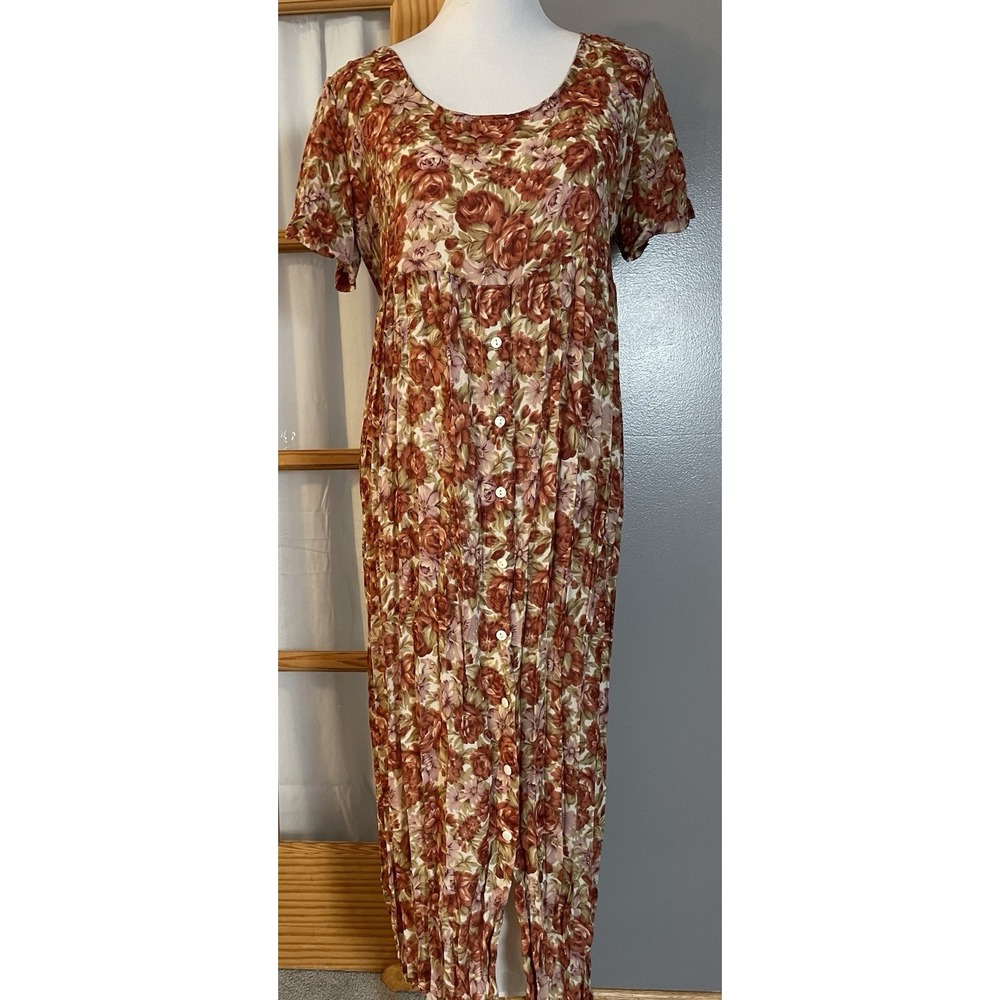 Vtg 80s Floral Maxi Dress Oversized 10 Red Pink Crinkly Slip Lining Prairie Boho